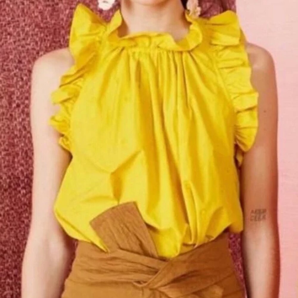Ulla Johnson Tilda Yellow Ruffle Mock Neck Embroidered Cotton Blouse